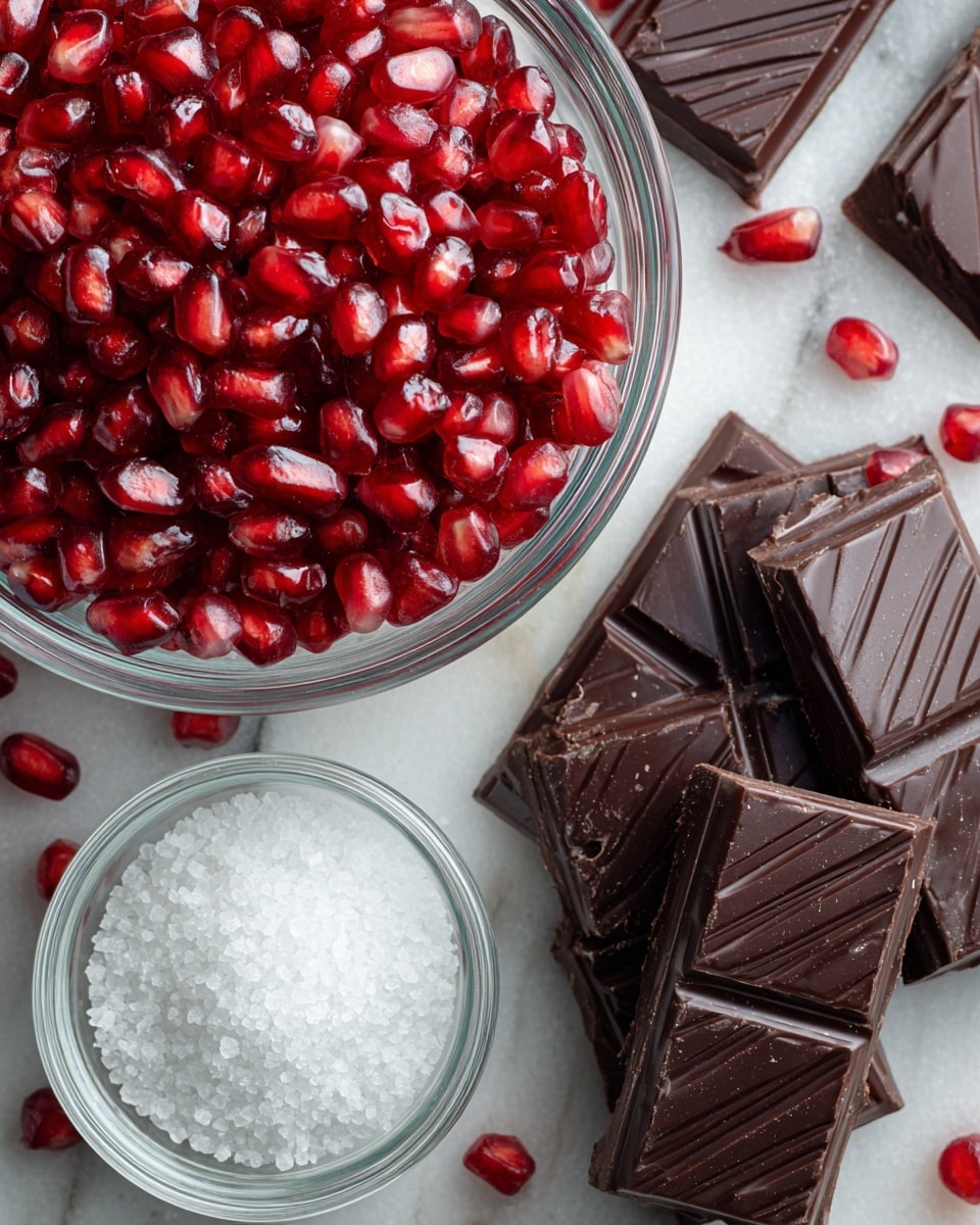 A clear glass bowl filled with bright red pomegranate seeds fills the top left part of the image. To the bottom left of the bowl, there is a small clear glass bowl filled with white coarse salt. Scattered on the right side are several pieces of dark chocolate with a smooth, glossy surface and diagonal lines, showing some depth and texture. The background is a white marbled surface. photo taken with an iphone --ar 4:5 --v 7