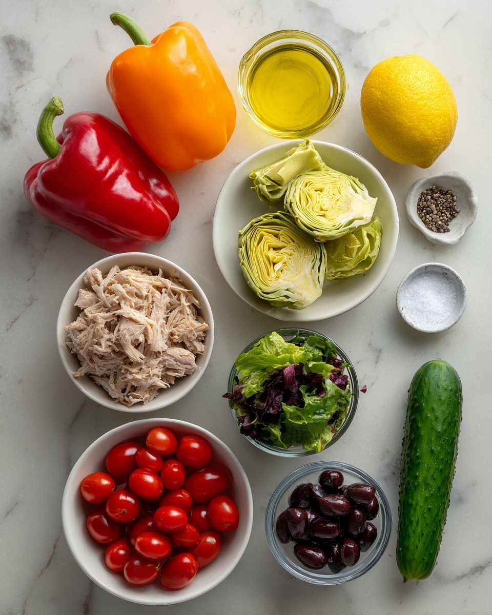 The image shows fresh ingredients neatly arranged on a white marbled surface. There are two whole bell peppers, one red and one orange, placed at the top left. A small glass bowl of yellow olive oil and a whole yellow lemon sit near the top right. Below, a white bowl holds light green artichoke hearts, and to its left, a can filled with shredded light beige tuna. On the bottom left, a white bowl is full of bright red cherry tomatoes. Next to it, a white bowl contains a mix of dark green leafy salad, and a small clear glass bowl filled with dark purple olives is on the bottom right. A whole dark green cucumber lies horizontally to the far right. A small clear bowl with white salt and black pepper is placed near the middle right. The setup is simple and clean, showing fresh and colorful ingredients. photo taken with an iphone --ar 4:5 --v 7