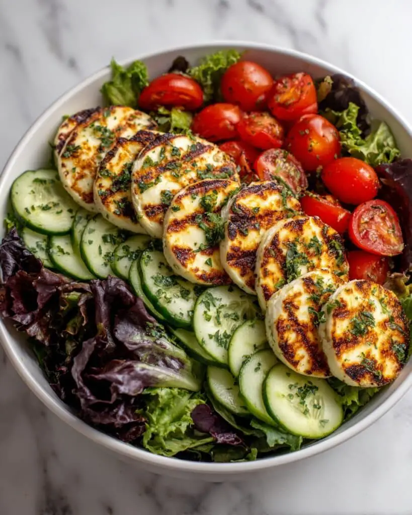 Grilled Halloumi Salad with Tomatoes & Cucumbers Recipe