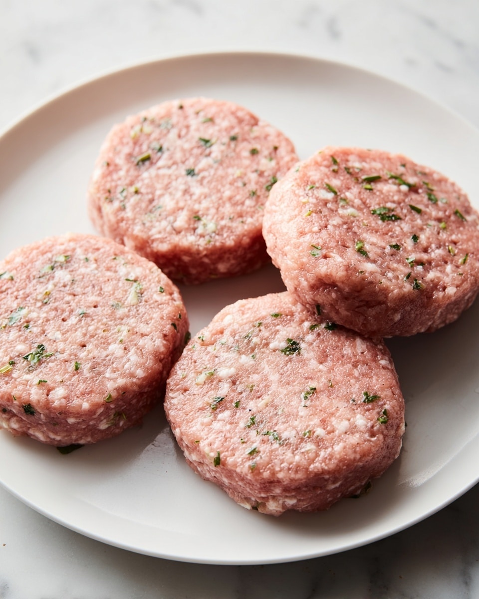 Four round patties of raw seasoned ground meat sit evenly spaced on a smooth white plate. Each patty is thick and has a pinkish color mixed with specks of green herbs and small white bits, giving a textured look. The plate rests on a white marbled surface. The lighting is bright and natural, making the fresh ingredients clear. photo taken with an iphone --ar 4:5 --v 7