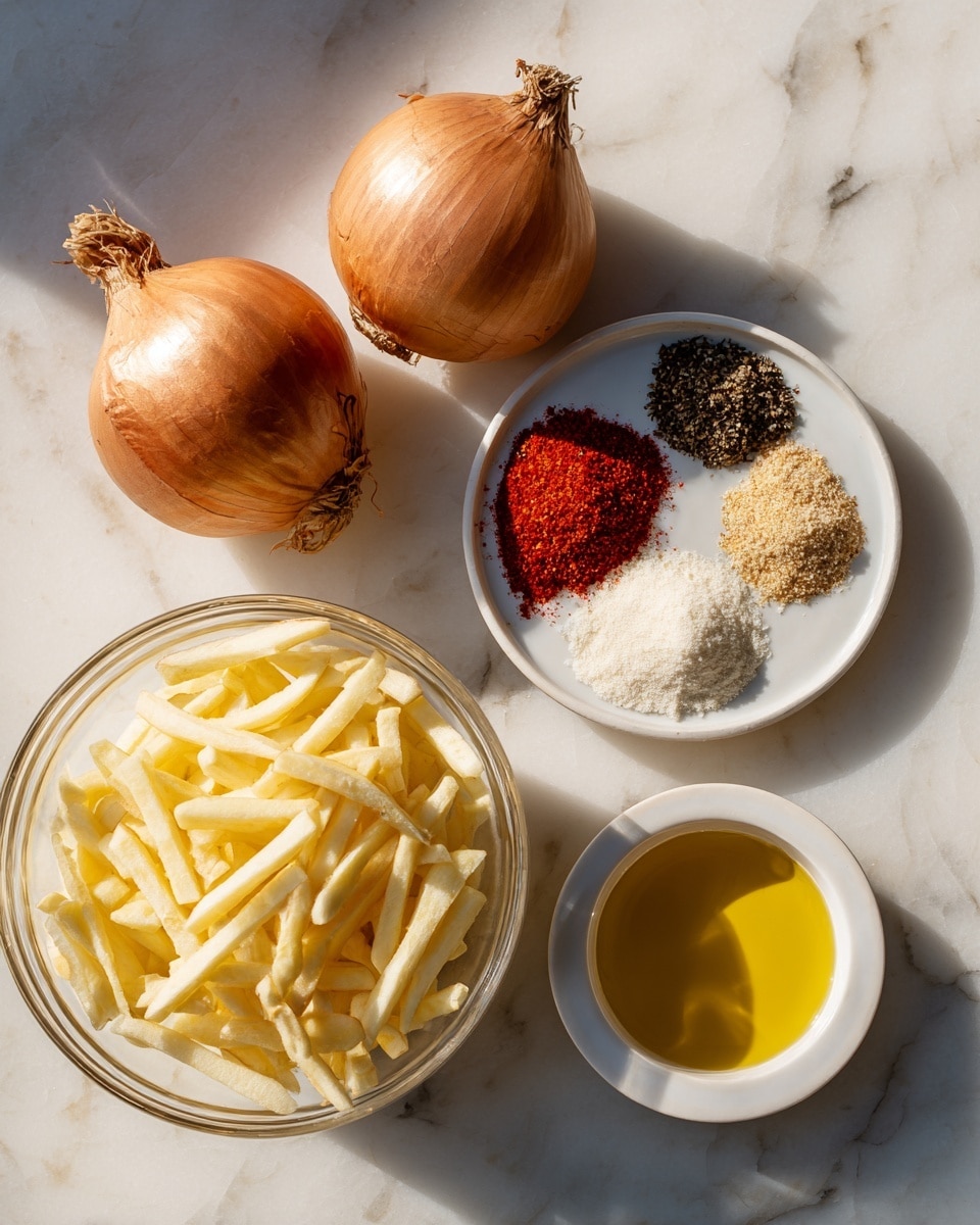The image shows a white marbled surface with five cooking ingredients arranged neatly. In the top left are two whole light brown onions with dry skins and stems still attached. To the right, there is a small white bowl holding four separate piles of spices: white salt, bright red paprika, black pepper, and beige garlic powder. Below the onions, a larger clear glass bowl is filled with thin, pale yellow potato sticks. On the bottom right, a small white bowl holds a golden-yellow liquid, likely olive oil. The arrangement is clean and simple, with natural light highlighting the colors and textures. Photo taken with an iphone --ar 4:5 --v 7