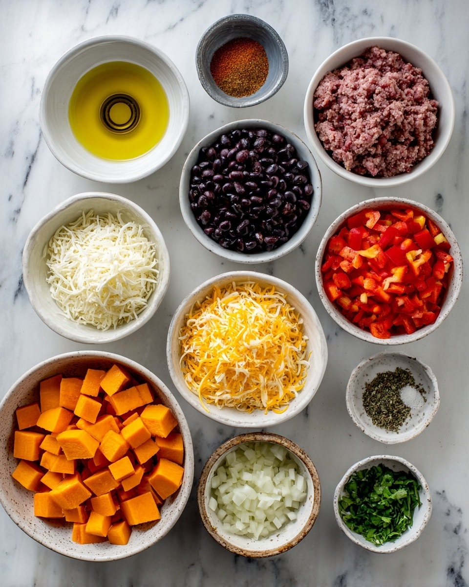 The image shows an overhead view of ten white bowls and one can arranged on a white marbled surface. From left to right, the first bowl contains a small circle of olive oil, next to it is a small bowl with black pepper and salt. Above them is a bowl with reddish-brown spice powder. Below that is a white bowl with black beans, next to it a bowl filled with chopped red bell peppers. Below and to the left is a large bowl filled with orange cubed sweet potatoes, and to the right, a bowl with raw ground meat. Above the meat is a bowl filled with shredded cheese in yellow and white colors. To the right of the cheese bowl is a rustic small bowl with chopped onions, and next is a small white bowl with finely chopped garlic. Near the bottom right sits a small bowl with chopped parsley or cilantro. On the far right is a can of fire-roasted diced tomatoes. The colors are vibrant, and the bowls are evenly spaced on the white marbled surface photo taken with an iphone --ar 4:5 --v 7