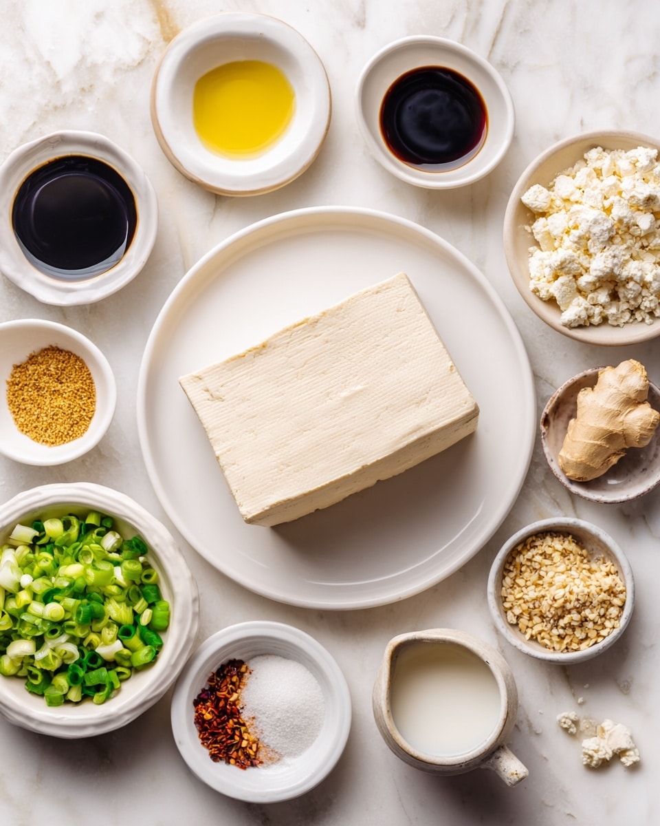 A white plate with a large block of pale beige tofu sits on a white marbled surface. Surrounding the plate are small white bowls and light-colored small dishes, each holding different ingredients: dark soy sauce, white powder (likely starch), light yellow olive oil, dark thick sauce, golden brown sugar, chopped green onions, minced ginger, golden sesame seeds, light honey or syrup, white powder, minced garlic, chili flakes, and a small white cup with white liquid. The bowls and dishes are arranged neatly with clear visibility of colors and textures, all placed on the white marbled surface. photo taken with an iphone --ar 4:5 --v 7