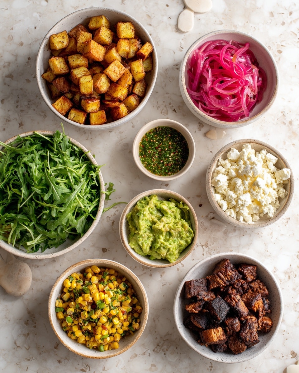 The image shows eight white bowls on a white marbled surface, each with different food items. Starting from the top left, there is a bowl filled with golden brown roasted potato cubes. To the right, a smaller bowl contains vibrant pink pickled onion slices. Next to it is a bowl of white crumbly cheese. Below that is a bowl with chunky green guacamole. In the center at the top is a small bowl of green herb sauce with visible bits of spices. At the bottom left, a bowl is filled with fresh green arugula leaves. Next to it is a bowl of yellow corn mixed with finely chopped red onion and herbs. Finally, the bottom right bowl contains dark brown seasoned and cooked meat chunks. All bowls sit neatly spaced. Photo taken with an iphone --ar 4:5 --v 7