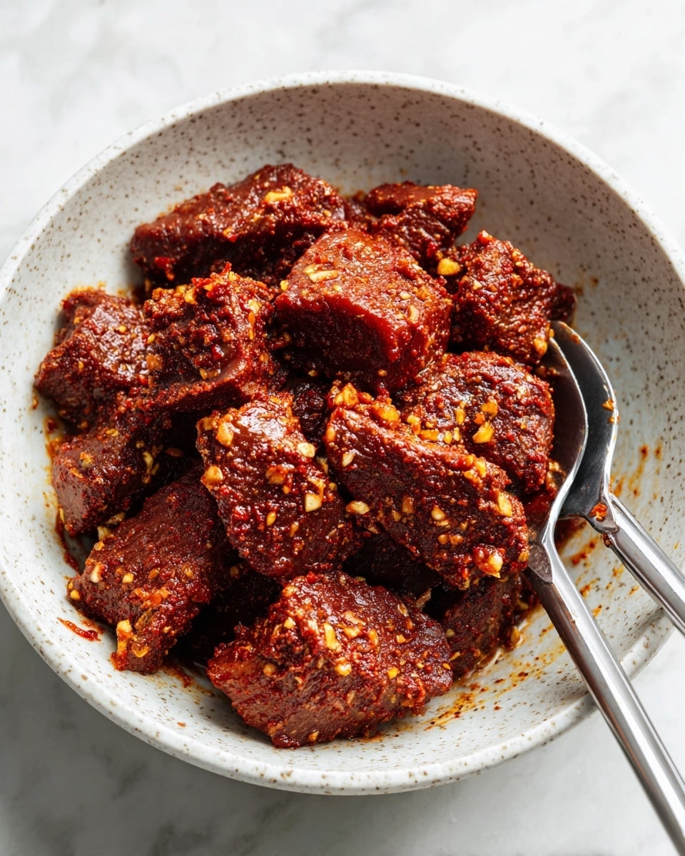 The image shows a white speckled bowl filled with several pieces of raw meat coated in a reddish-brown spice mix with visible bits of garlic or seasoning on top, giving a textured look. The meat pieces are chunky and piled unevenly inside the bowl, which sits on a white marbled surface. A pair of metal tongs with gray handles rests inside the bowl, partly buried in the meat. The lighting highlights the spice coating's rough texture and rich color. photo taken with an iphone --ar 4:5 --v 7