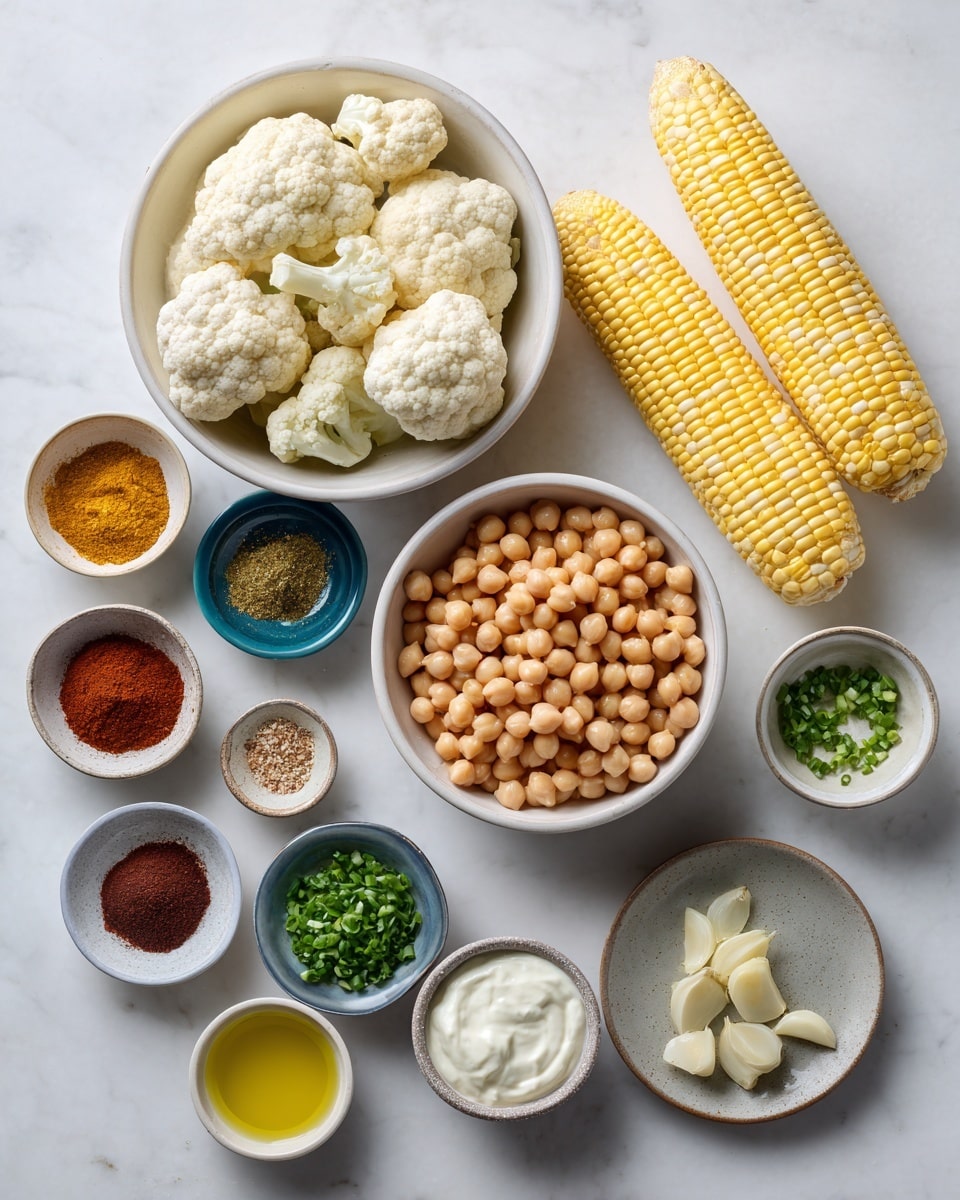 The image shows an organized arrangement of ingredients on a white marbled surface, all placed in small white or neutral-colored bowls. On the left side, there is a large white bowl filled with pale cauliflower florets, and next to it, a medium white bowl filled with beige chickpeas. Two ears of yellow and white corn are laid horizontally beside the bowls. Surrounding these main elements are smaller bowls and plates containing various spices and other ingredients: there are reddish-brown, mustard yellow, and dark spice powders in small white and blue bowls, bright green chopped herbs and scallions in small white and brown bowls, creamy white sauces or yogurt in black and white bowls, light yellow oil in a white bowl, and minced garlic on a small grey plate. Everything is neatly spaced and well-lit, showing clear textures and fresh colors photo taken with an iphone --ar 4:5 --v 7