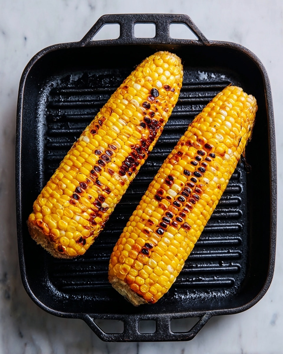 Two ears of bright yellow corn with dark grill marks lie side by side in the middle of a black cast iron grill pan with ridged lines and a handle on a white marbled surface. The corn kernels show a mix of golden yellow and light brown where they have been grilled, creating a textured look. The pan contrasts sharply with the clean white marbled background, drawing attention to the vibrant grilled corn. photo taken with an iphone --ar 4:5 --v 7