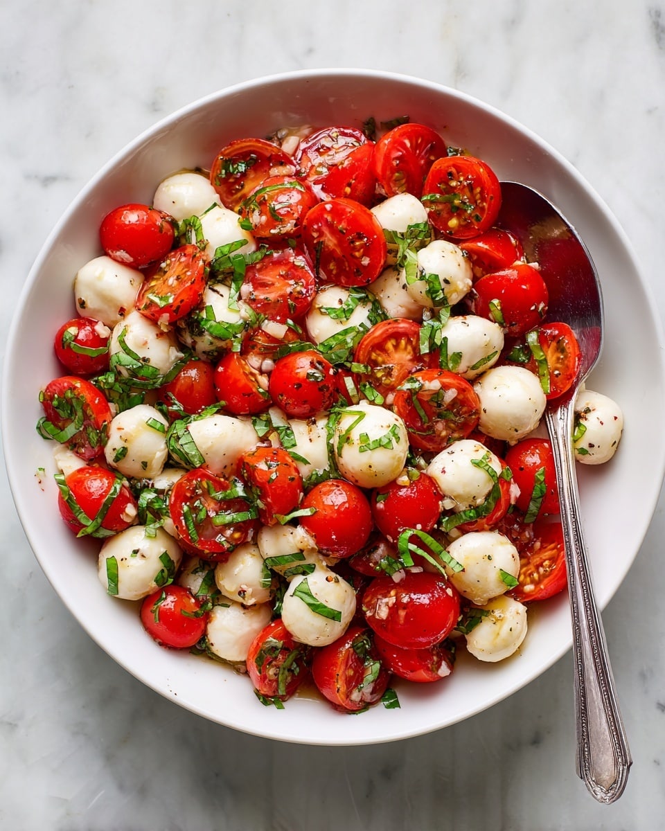 A white bowl filled with a fresh salad showing two main layers: bright red cherry tomatoes cut into halves and small white mozzarella balls evenly mixed. The salad is sprinkled with finely chopped green basil leaves which add a fresh look and contrast. A silver spoon is placed on the right side of the bowl, partly inside the salad, with some salad on it. The bowl is set on a white marbled surface. photo taken with an iphone --ar 4:5 --v 7