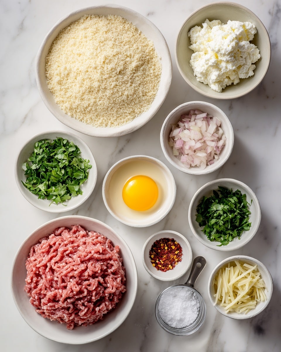 This image shows multiple small white bowls and one white bowl with ingredients arranged neatly on a white marbled surface. The largest white bowl in the bottom left holds raw ground meat with a pink color and a textured, wavy pattern. Above it, a medium white bowl is filled with pale yellow breadcrumbs with a grainy texture. To the right of the meat, a small white bowl holds finely chopped pale pink onion pieces. Above the onion, a very small white bowl has finely chopped light yellow garlic. Next to the garlic, there is a small transparent measuring cup with thick white cottage cheese. To the right of the cottage cheese, a small white bowl contains dark green chopped cilantro leaves. Below the cilantro, another small white bowl has a similar amount of dark green chopped parsley leaves. Next to the parsley, a metal measuring spoon holds grated off-white cheese. Below the spoon, a small gray bowl contains coarse white salt. Centered below the garlic and cheese, three more small white bowls hold a raw egg yolk in a smooth yellow color, yellow grated lemon zest, and red chili flakes. The overall layout is clean and organized. Photo taken with an iphone --ar 4:5 --v 7