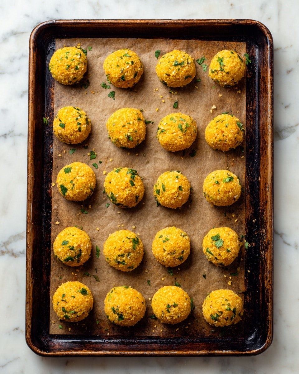 A large rectangular baking tray holds 20 small round orange balls made of a mixture with visible green herb pieces. The balls are arranged evenly in five rows and four columns on a sheet of brown parchment paper that covers the tray. Each ball has a textured surface with small bits sticking out. The baking tray has darkened edges and spots showing signs of use. The tray sits on a white marbled textured surface. photo taken with an iphone --ar 4:5 --v 7