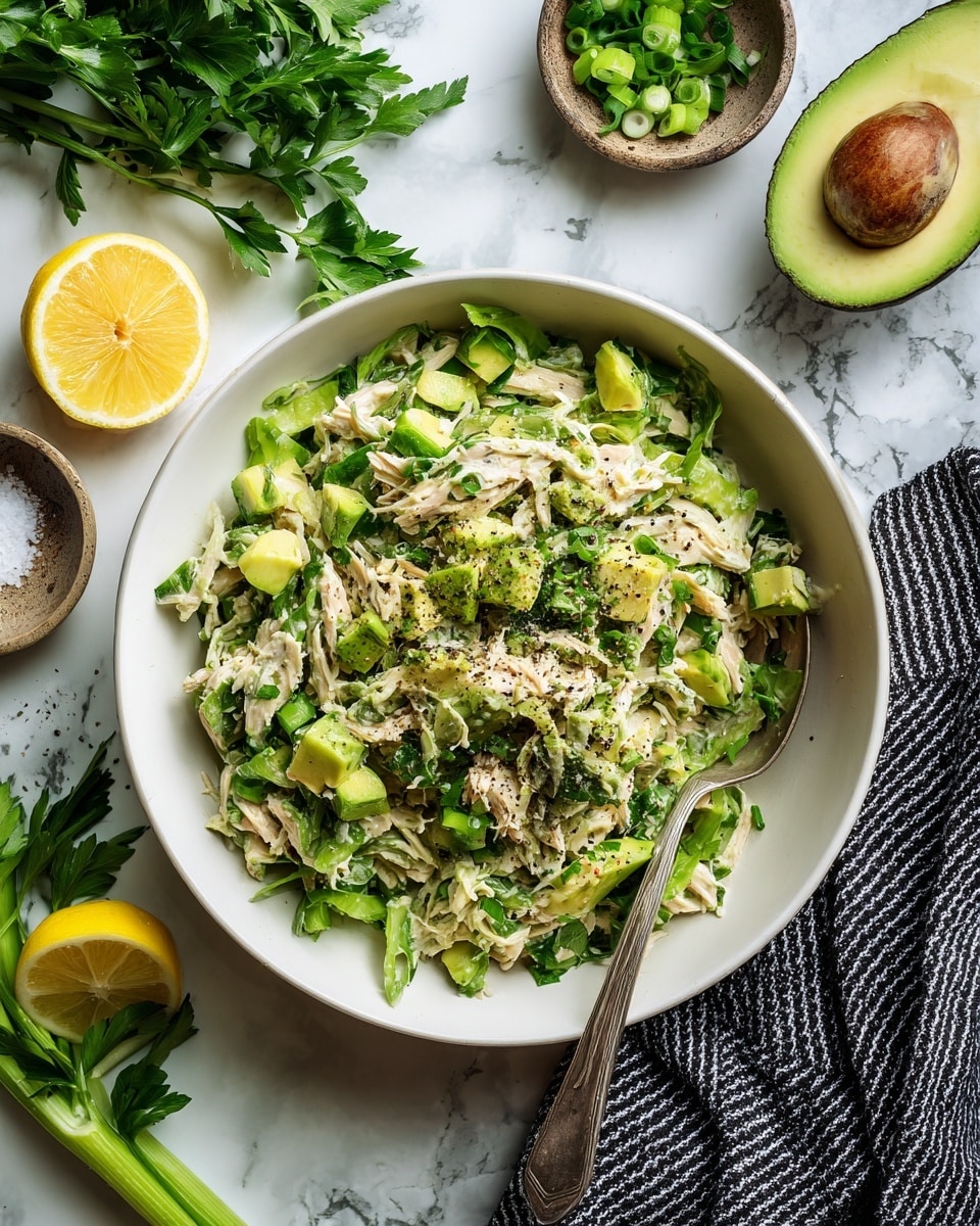 The image shows two open sandwiches on a white speckled plate, placed on a white marbled surface. Each sandwich has a base layer of toasted brown bread, topped with a layer of fresh green sprouts spread out unevenly. On top of the sprouts, there is a generous layer of mixed avocado salad with light green and creamy textures, containing visible small chunks of avocado and herbs. The avocado mixture is speckled with black pepper. Beside the sandwiches, there are two lemon wedges with a bright yellow color and juicy texture. Part of a halved avocado is visible at the bottom left, showing its green flesh and brown seed. A portion of a striped linen cloth appears at the right edge of the image. photo taken with an iphone --ar 4:5 --v 7