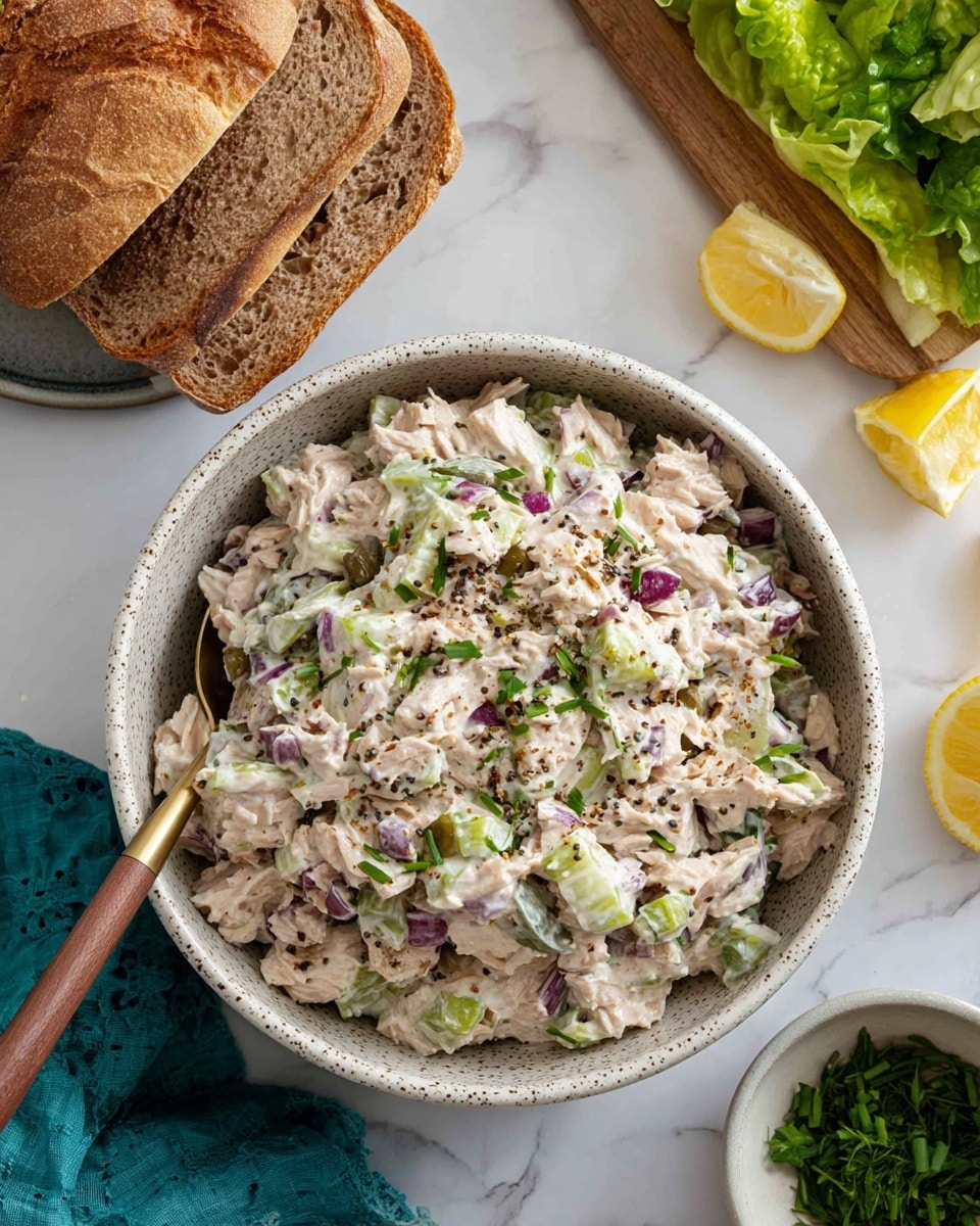 A close-up view of a thick sandwich stacked in two layers of brown seeded bread with visible seeds and grains. Between the bread slices, there is a creamy chicken salad mix with chunks of chicken, small pieces of red onion, green celery, and herbs, giving a mixed texture of soft and crunchy. Underneath the chicken salad, bright green lettuce leaves peek out, adding a fresh and crisp layer. The sandwich sits on a white marbled surface with some chopped herbs scattered around and a few yellow crispy chips on the side. The background is light and softly blurred, highlighting the sandwich's details. Photo taken with an iphone --ar 4:5 --v 7