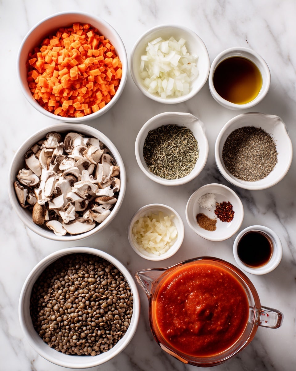 The image shows several white bowls and small plates arranged on a white marbled surface, each filled with different chopped and prepared ingredients. The largest bowl contains finely chopped brown and white mushrooms, placed at the bottom left. Above it, there are small white bowls holding finely chopped orange carrots and white onions. To the right of them, a medium white bowl is filled with cooked brown lentils. Surrounding these bowls, small white dishes hold finely minced garlic, olive oil, dried herbs, chili flakes, salt and pepper mix, and a dark soy-like sauce. At the bottom right, a larger clear glass measuring cup is filled with smooth red tomato sauce. Each ingredient layer shows a different color and texture, neatly organized for cooking preparation, photo taken with an iphone --ar 4:5 --v 7