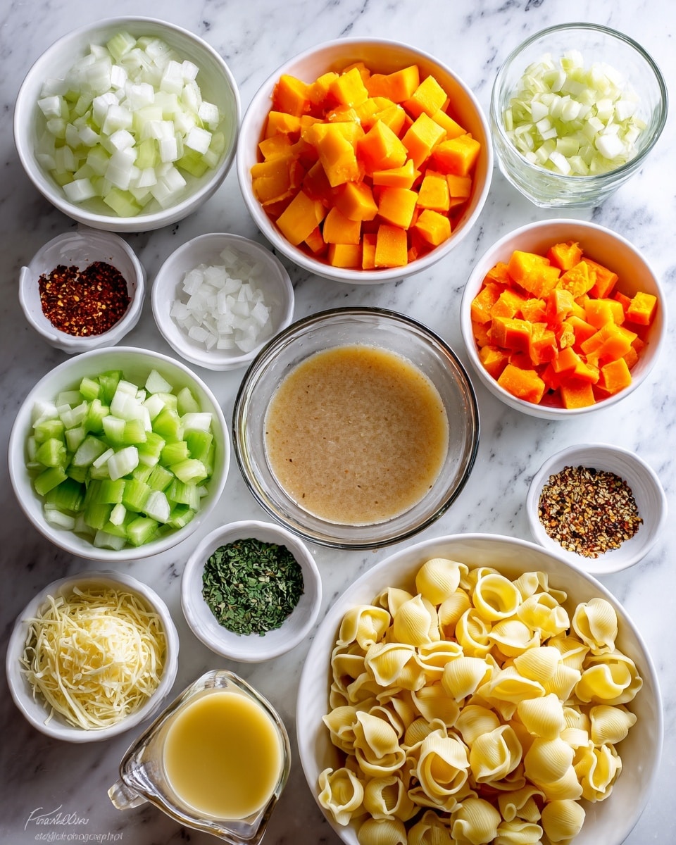The image shows many small white bowls and one large clear glass bowl on a white marbled surface, each with different ingredients. The large clear glass bowl in the center has light brown broth. Surrounding it are chopped orange pumpkin chunks in a white bowl, diced white onions in a white bowl, chopped orange carrot pieces in a white bowl, light green chopped celery in two small white bowls, pale green chopped apple pieces in a small white bowl, creamy yellow shredded garlic in a small white bowl, grated pale yellow cheese in a small white bowl, dried green herbs in two small white bowls, a small bowl with dark green chopped herbs, a small white bowl with red chili flakes, a small white bowl with salt, a small white bowl with ground brown spice, a small white bowl holding yellow oil, a glass measuring cup of creamy white liquid, and a white bowl filled with uncooked yellow tortellini pasta. The setup is neat and bright with a clean look. photo taken with an iphone --ar 4:5 --v 7
