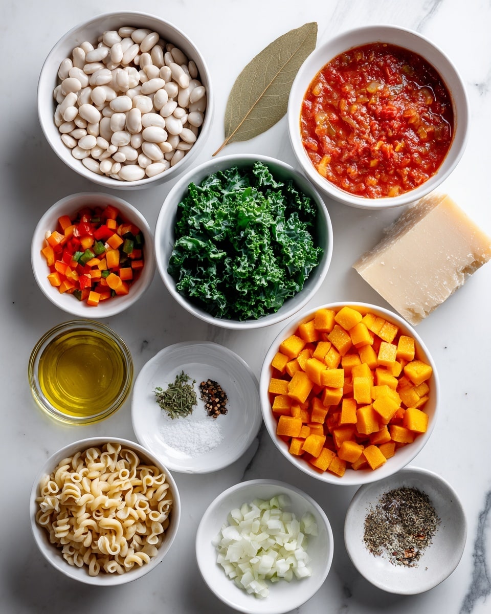 The image shows various ingredients in white bowls and a clear glass measuring cup arranged neatly on a white marbled surface. There is a bowl of white beans with a smooth texture, a bowl of bright red tomato sauce with a thick consistency, and a bowl filled with small, bright orange cubes of squash. Next to these are finely chopped white onions, vibrant green chopped kale, and diced green bell peppers. Other small white bowls hold minced garlic, diced orange carrots, olive oil with a yellowish hue, and finely chopped spices including black pepper and dried herbs. Additionally, there is a bowl of small dry pasta, a dish with a brown bay leaf, a piece of a large cheese wedge on a white dish, and a small bowl with coarse salt. The overall scene is clean and ordered with crisp colors. photo taken with an iphone --ar 4:5 --v 7
