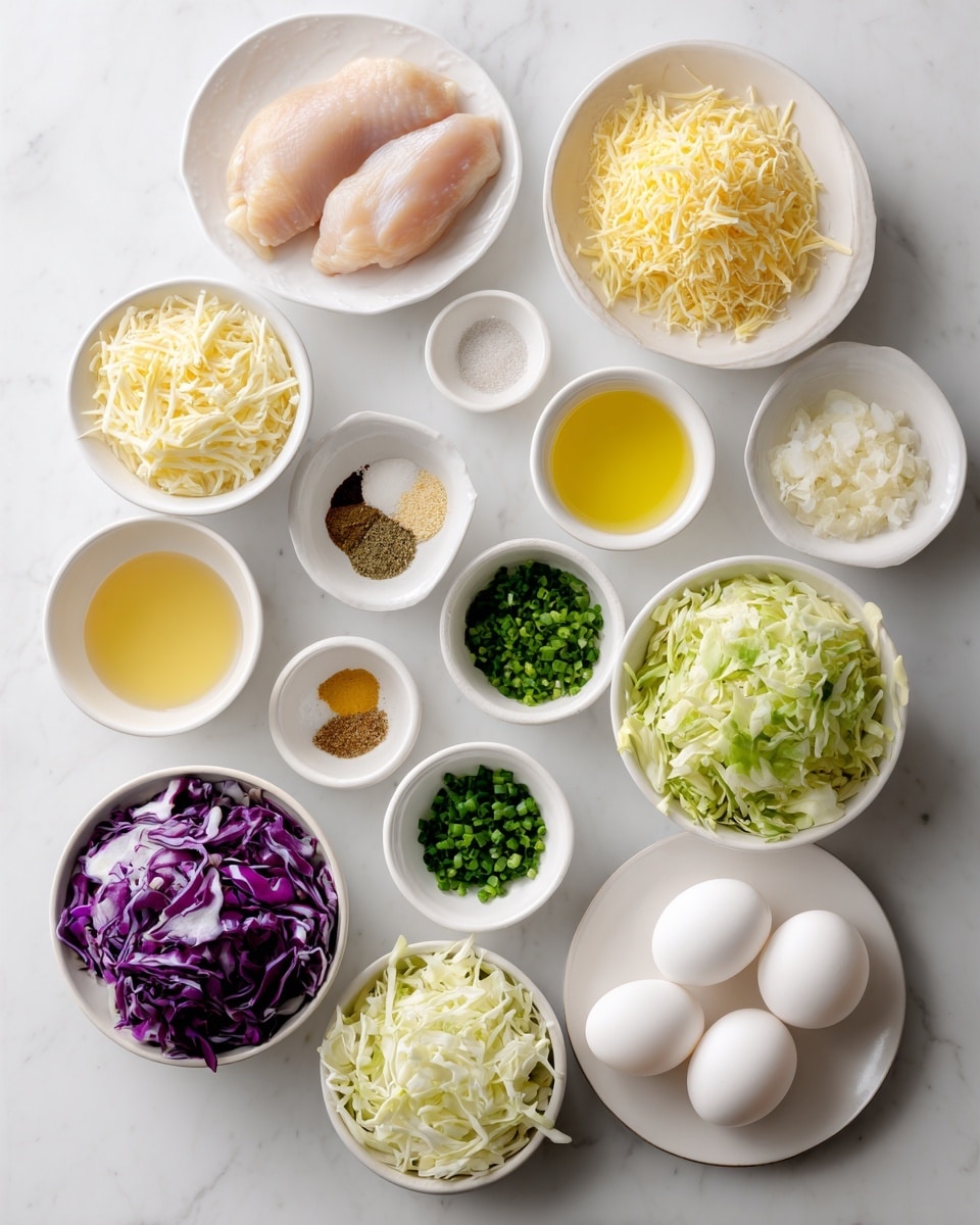 The image shows many small white bowls and plates arranged neatly on a white marbled surface, each holding different ingredients. There are two raw chicken pieces on one white plate, light yellow shredded cheese in a white bowl, and shredded green and purple cabbage in two separate white bowls. Small white bowls contain green herbs, chopped green onions, yellow mustard, white salt, ground pepper, and brown powder. There is a bowl with light yellow oil, a small bowl with a golden honey-like liquid, and a bowl with a white creamy substance. Three white eggs are on a small white plate. The overall layout is clean and bright with a clear view of every ingredient. Photo taken with an iphone --ar 4:5 --v 7