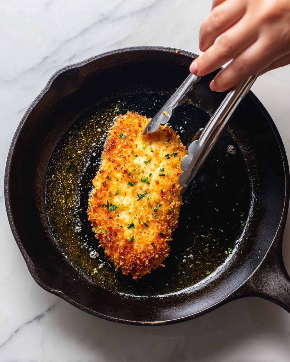 A close-up view of a single piece of golden-brown breaded chicken frying in a black cast iron skillet, with the crispy coating showing small green herb flecks and an uneven crunchy texture. The chicken is placed in the center of the skillet with some glistening oil around it, highlighting the frying process. To the right, a woman's hand holds silver metal tongs poised above the chicken, ready to flip or move it. The skillet rests on a white marbled surface, adding a clean and bright background contrast to the dark pan and warm tones of the cooked chicken photo taken with an iphone --ar 4:5 --v 7
