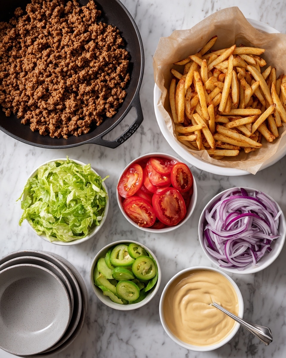 The image shows an arrangement of ingredients laid out on a white marbled surface. On the top left, a black skillet holds a cooked layer of brown ground meat with a crumbly texture. To the right, a white bowl lined with light brown parchment paper overflows with golden-brown French fries. Below it, small white bowls contain bright green pickle slices, halved red cherry tomatoes with juicy interiors, thinly sliced purple onions, shredded green lettuce, and sliced green avocado pieces arranged neatly. In the lower middle, a white bowl holds a creamy beige sauce with a spoon resting inside. Two empty grayish bowls are stacked on the bottom left side of the image. Photo taken with an iphone --ar 4:5 --v 7
