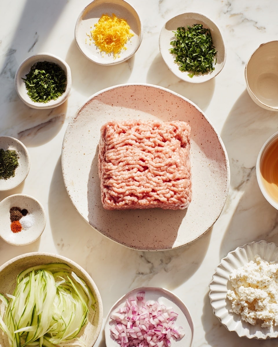 In the center, a large white speckled bowl holds a rectangular block of raw, pale pink ground meat with visible textures and waves. Around it, eight small white or off-white dishes form a loose circle on a white marbled surface. At the top left, there's a small white bowl with bright yellow grated zest. To its left, a white bowl contains chopped dark green herbs. Below that, a speckled beige bowl holds thinly shredded pale green cucumber. Below the ground meat, a small dish has six sections of spices and salt in shades of white, red, black, and green. Moving right, a white bowl is filled with darker green chopped herbs. Further right, a tiny rounded bowl holds finely chopped purple onion. Below that, a white dish is filled with white crumbled cheese, and top right, a white scalloped bowl contains a light brown liquid. The whole scene is bright with natural light, and the photo is taken with an iphone --ar 4:5 --v 7