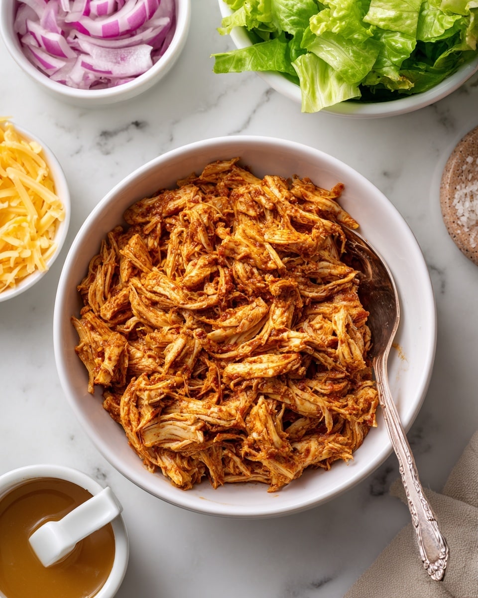 A white bowl filled with shredded chicken seasoned with reddish-brown spices, with a silver spoon inside the bowl. Around the bowl, on a white marbled surface, there is a small white container with light brown sauce, a white bowl with shredded yellow and white cheese, a small white bowl with sliced red onions, and a white bowl filled with green lettuce leaves. The photo taken with an iphone --ar 4:5 --v 7