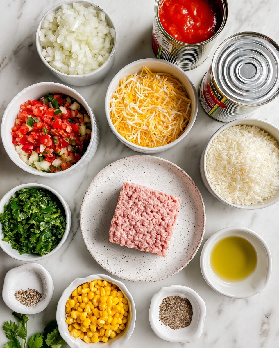 The image shows several small white bowls and plates arranged on a white marbled surface, each holding different ingredients. In the center, a white plate with speckles holds a square piece of light pink ground meat. Around it, there are bowls filled with finely chopped white onions, pale beige cooked rice, shredded yellowish cheese, small chopped red bell peppers, grated green zucchini, and fresh green cilantro leaves. There are also two open cans, one with red tomatoes and another with yellow corn. Small white bowls contain minced garlic, a clear liquid, and greenish olive oil, while an oval dish holds brownish powdered seasoning. A tiny white dish contains a mix of salt and pepper. All the bowls and plates are neat and clean. photo taken with an iphone --ar 4:5 --v 7