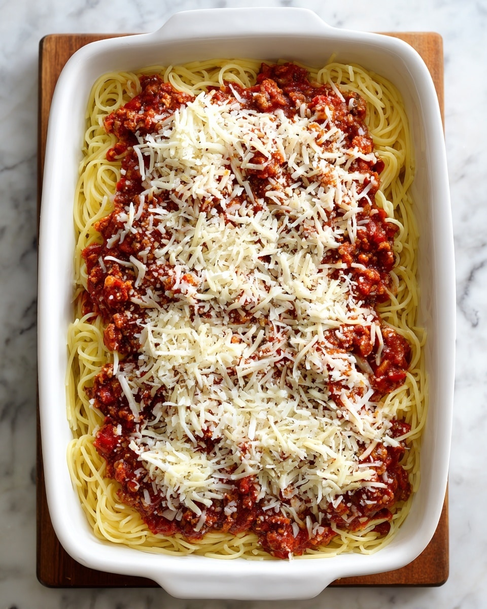 A white rectangular baking dish holding a layered spaghetti pasta dish placed on a wooden board. The bottom layer is a light yellow cooked spaghetti, topped evenly with a chunky red tomato sauce mixed with bits of browned meat. The top layer is a generous sprinkle of white shredded cheese, spread all over the sauce. The background is a white marbled surface. photo taken with an iphone --ar 4:5 --v 7