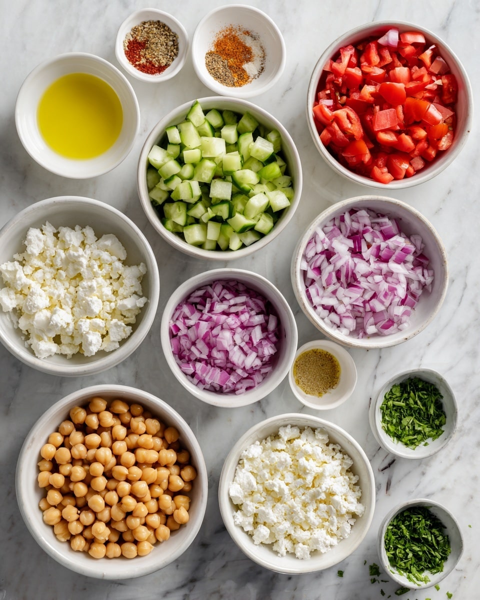 This image shows 12 white bowls with different ingredients on a white marbled surface. The largest bowl in the bottom left has whole chickpeas, light brown and smooth. To its right is a medium bowl with small cucumber chunks, green with lighter flesh. Above that is another medium bowl with red chopped tomatoes. Next to it, a medium bowl holds finely chopped red onion, purple and white. Above the chickpeas, there is a small bowl with olive oil, yellow and shiny. To its right, a small bowl contains mixed spices, in red, white, and light brown colors. Above these is a small white bowl with lemon juice, clear and pale. At the top right, there are three small bowls with finely chopped green herbs. To the right bottom side, a small bowl holds white crumbly cheese. The largest bowl on the bottom right is filled with white cottage cheese. Each bowl is neatly arranged, with fresh and colorful ingredients. photo taken with an iphone --ar 4:5 --v 7