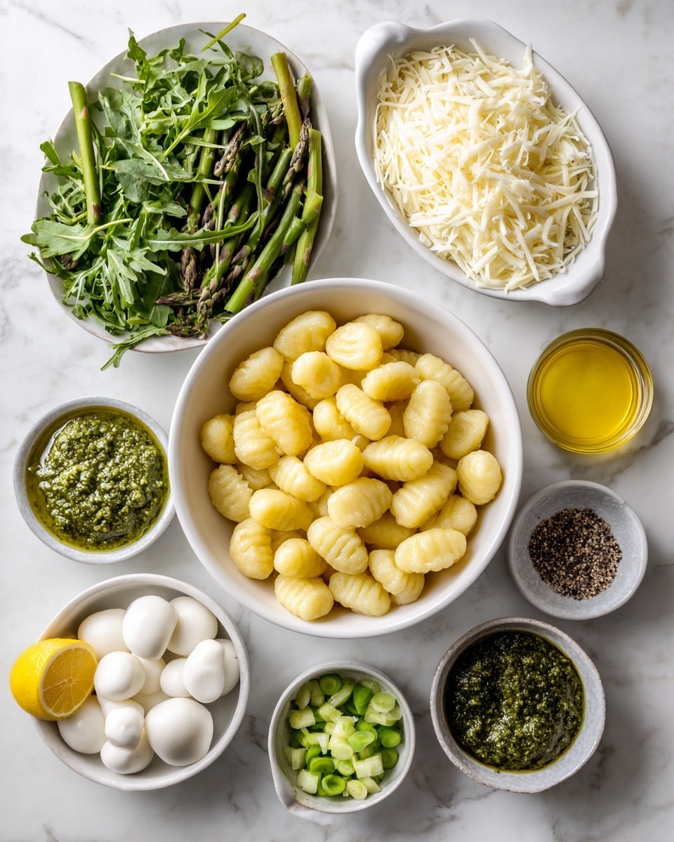 A white bowl filled with light yellow gnocchi sits in the center on a white marbled surface. Around it are smaller white bowls containing fresh green arugula leaves, bright green chopped asparagus, small white mozzarella balls, and two kinds of green pesto sauce with different textures. Next to these are a white oval dish filled with shredded white cheese and a small white bowl with yellow olive oil. A wedge of fresh yellow lemon and a small white marble bowl with ground black pepper complete the scene. Photo taken with an iphone --ar 4:5 --v 7