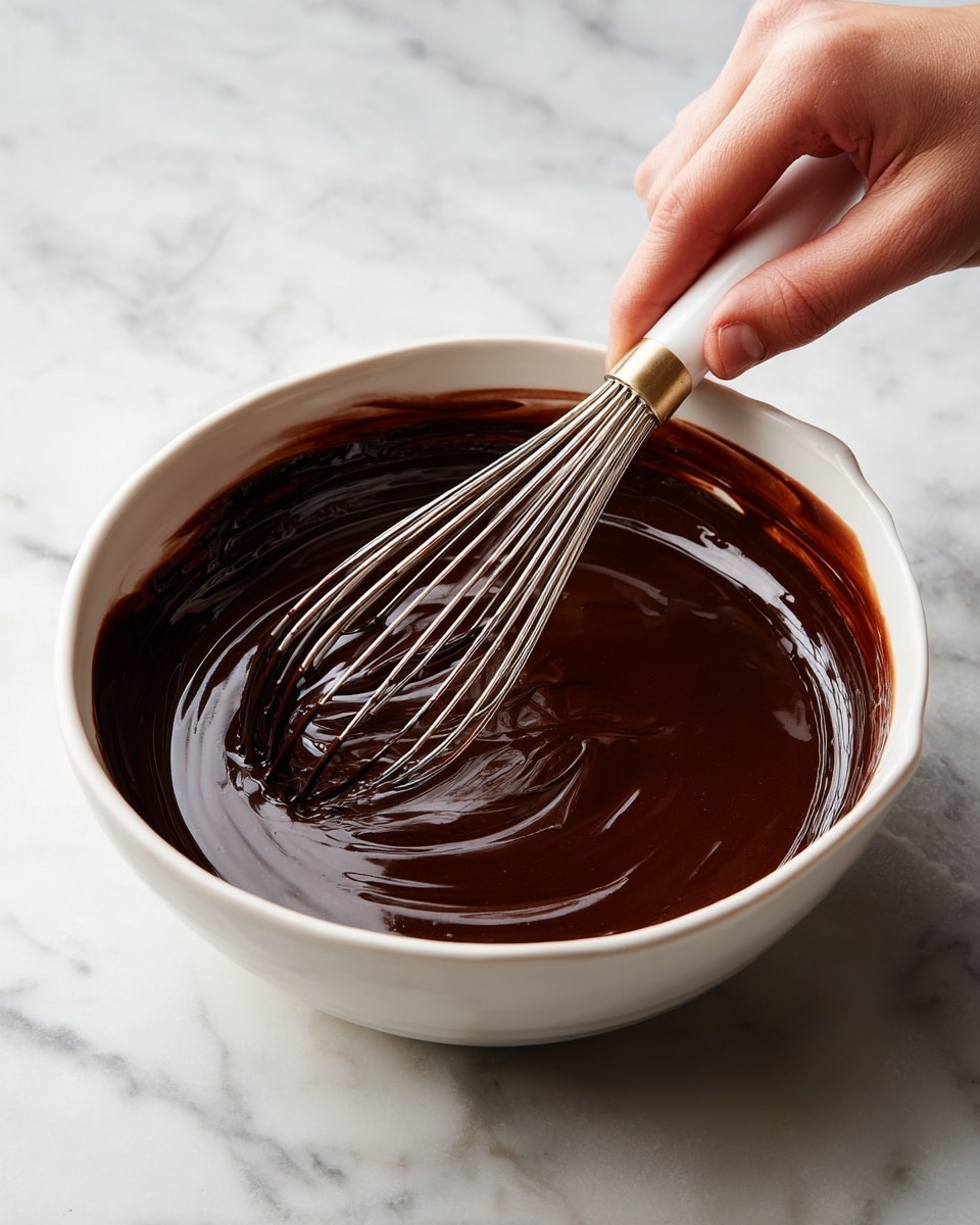 A white bowl filled with thick, smooth dark chocolate sauce, being stirred by a woman's hand holding a metal whisk with a white handle; the glossy chocolate covers the inside edges of the bowl, which sits on a white marbled surface. photo taken with an iphone --ar 4:5 --v 7