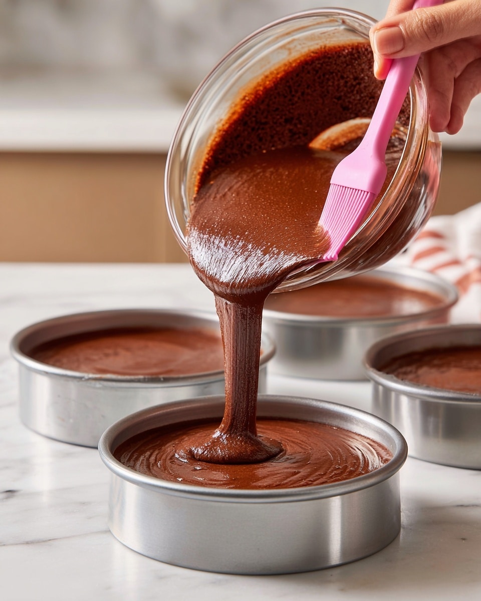 A clear glass bowl is held by a woman’s hand, pouring smooth, shiny chocolate batter into one of three round silver cake pans placed on a white marbled surface. The batter in the pans is thick and rich brown, with a glossy texture that reflects light. The woman's hand is holding a pink spatula coated with chocolate batter, guiding the flow carefully into the center of the pan. The pans are evenly spaced, and the background shows a kitchen setting with neutral tones. Photo taken with an iphone --ar 4:5 --v 7