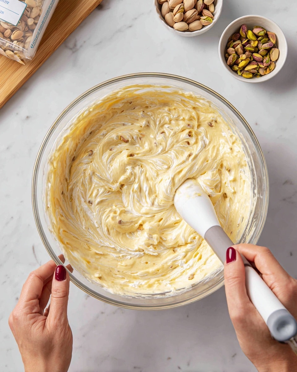 A clear glass bowl holds a batter with a creamy yellow color and small brown bits throughout. In the first frame, a woman's hand is mixing white cream into the batter with a white hand blender. The batter looks thick and uneven with swirls of white cream on top. In the second frame, the batter is smooth and creamy, still a pale yellow with tiny brown pieces evenly mixed in. A wooden spatula with a gray handle rests inside the bowl on the right side as the batter is stirred. In the third frame, a white round baking pan is filled with the same smooth, yellow batter with brown bits, evenly spread out. A woman's hand with dark red nail polish holds the pan on the right side. In the background, there are small bowls with pistachios and a butter package visible on a white marbled surface. photo taken with an iphone --ar 4:5 --v 7