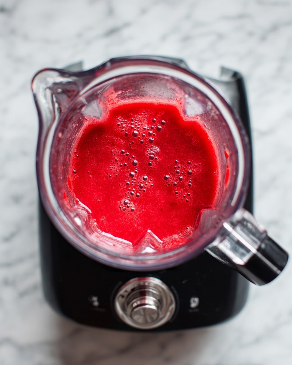A clear blender jar filled halfway with a thick, bright red liquid that has small bubbles and a slightly foamy texture on the surface, showing bits of crushed ingredients. The blender is sitting on a black base with a single large dial and a small lever, all placed on a white marbled surface. The image is taken from above, focusing on the red mixture inside the blender jar. photo taken with an iphone --ar 4:5 --v 7