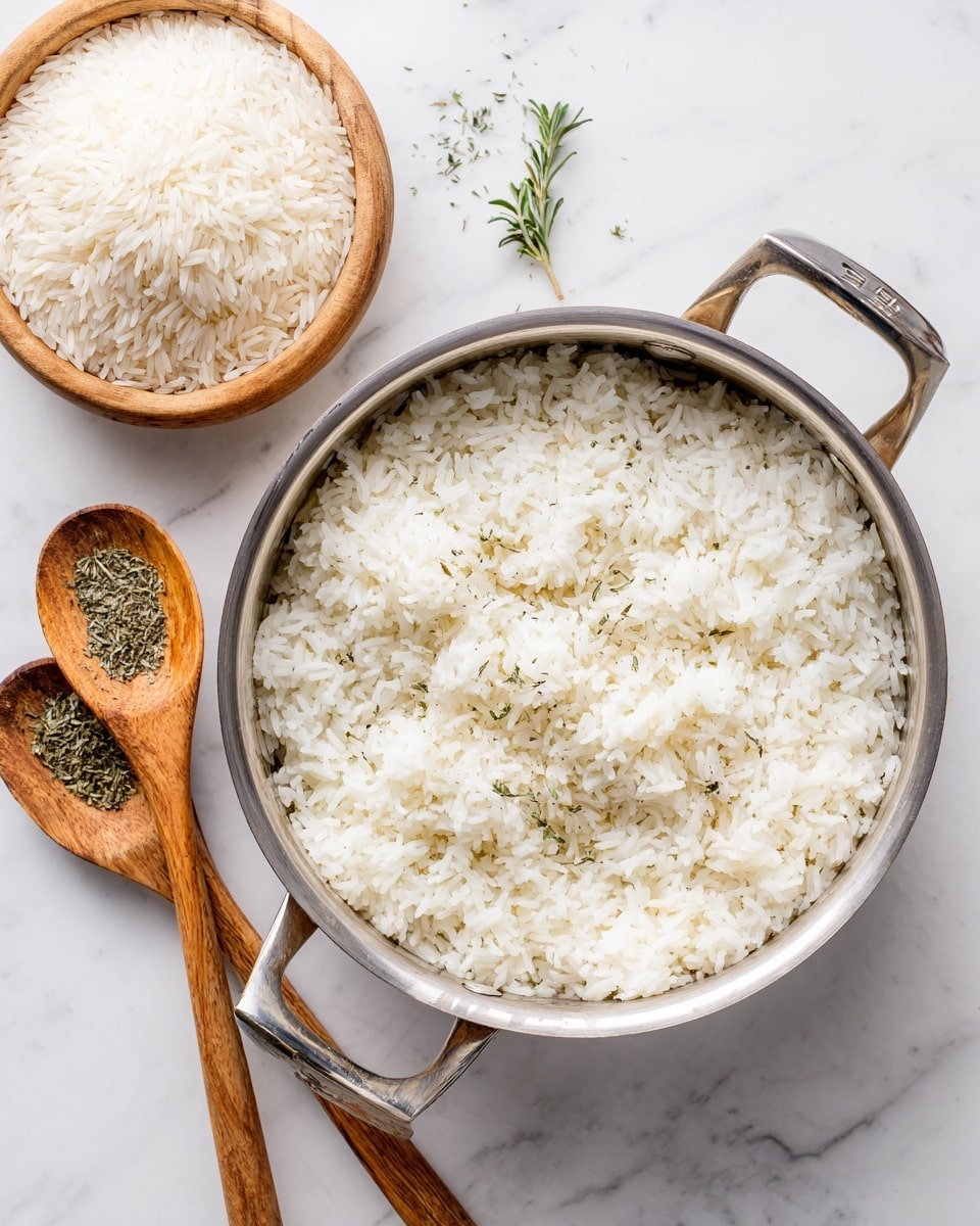 A top view of a shiny silver pot filled with cooked white rice, showing the rice grains slightly separated and soft in texture; beside the pot, on the white marbled surface, are two wooden spoons with dried green herbs and a wooden bowl filled with uncooked white rice partially visible in the top left corner; the scene is bright and clean with soft natural lighting photo taken with an iphone --ar 4:5 --v 7