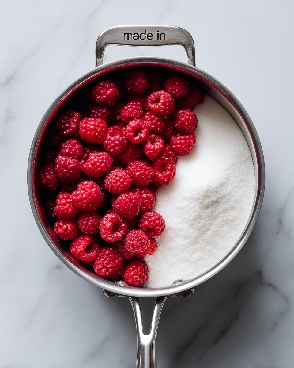 A shiny metal pot contains two layers side by side: on the left are small, round red raspberries with bumpy textures, and on the right is a smooth, white sugar layer that fills about half of the pot's bottom. The pot has a metal handle at the bottom and a short metal handle at the top with the words