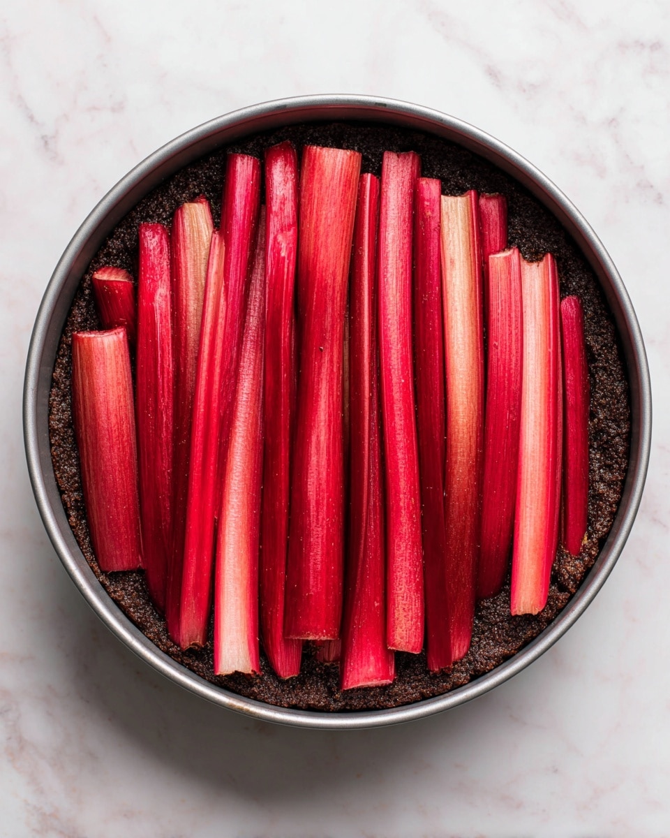 This image shows a round baking pan filled with a layer of dark brown crumbly base, likely a crust, topped with thick vibrant red stalks of rhubarb arranged neatly in a single layer standing upright, covering the whole surface. The rhubarb stalks vary slightly in color from bright red to a lighter pinkish red with natural grooves running along their length. The pan is placed on a white marbled surface, adding a clean and simple background to the bright colors of the dish. photo taken with an iphone --ar 4:5 --v 7