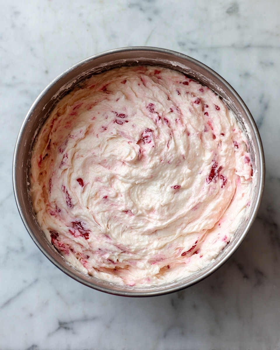 A round metal mixing bowl sits on a white marbled surface, filled with creamy, light pink batter that has a thick and smooth texture. Throughout the batter, there are visible darker red patches of mixed fruit, adding a speckled look. The batter looks slightly fluffy and soft, with some batter clinging to the sides of the bowl. photo taken with an iphone --ar 4:5 --v 7