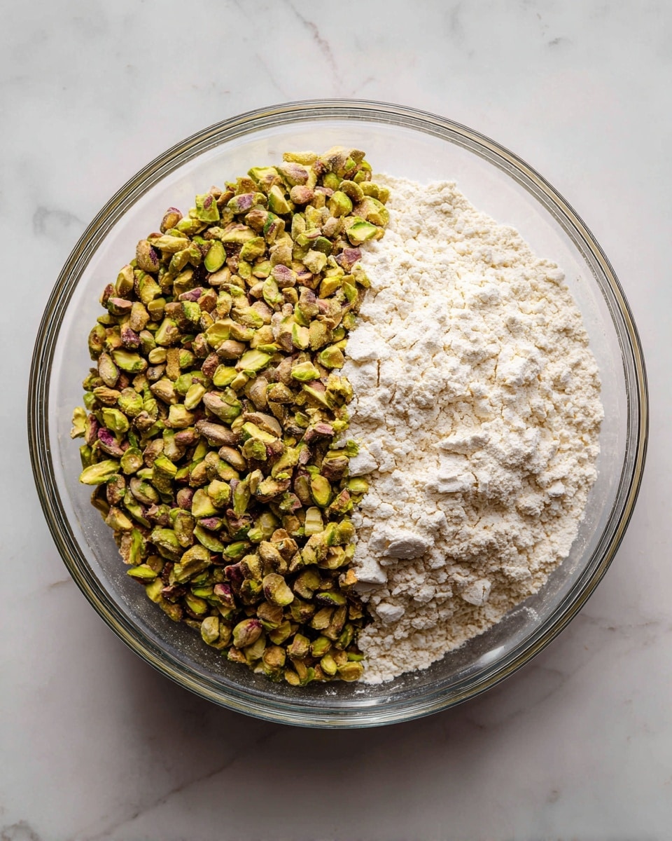 Two stacks of round cookies with a light beige color and visible small pieces of green, yellow, and brown nuts are placed closely together on a white marbled surface. Each cookie has a smooth texture with a slight crumbly appearance and uniform thickness, stacked neatly in vertical piles. The cookies display a mix of finely chopped nuts embedded throughout, creating a speckled pattern on their surfaces. Photo taken with an iphone --ar 4:5 --v 7
