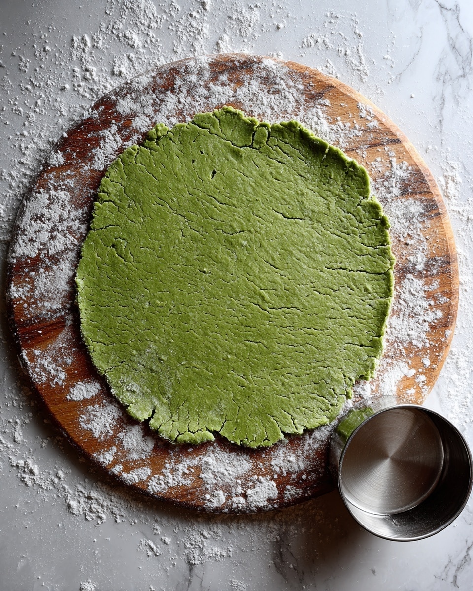 A single layer of green dough is rolled out flat on a wooden board sprinkled with white flour. The dough is roughly circular but has uneven edges and slight cracks around its sides. To the right side of the dough, there is a shiny metal round cutter resting on the wooden board. The background features a white marbled texture. photo taken with an iphone --ar 4:5 --v 7