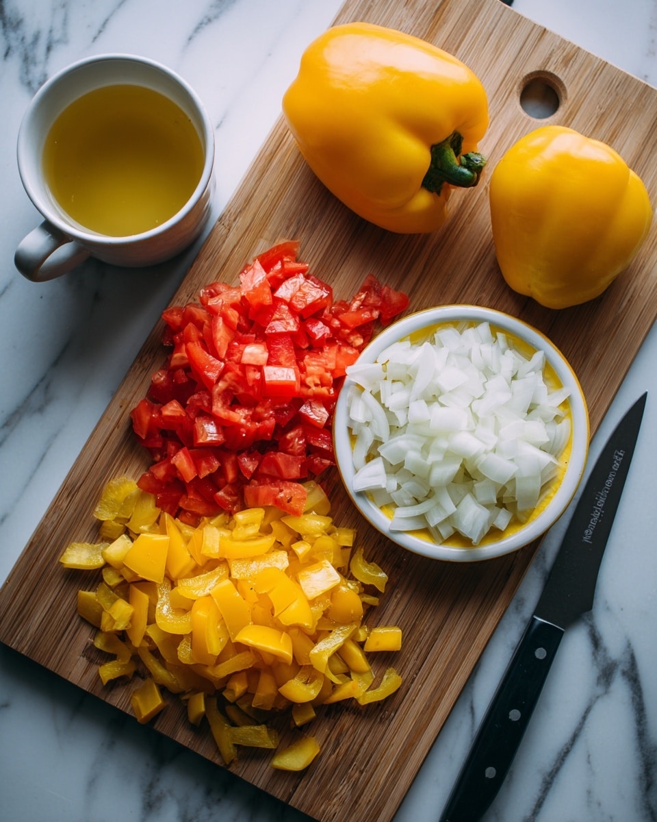 The image shows a wooden board with three layers of sliced vegetables: bright red diced tomatoes on the left middle, chopped yellow peppers in front at the bottom, and thinly sliced white onions arranged in a small pile on the right, spilling slightly from a white bowl with a yellow outside edge. A small white cup filled with a golden liquid is on the upper left side. In the background, two whole yellow peppers rest on the white marbled surface. A knife lies near the onions ready for further slicing. photo taken with an iphone --ar 4:5 --v 7