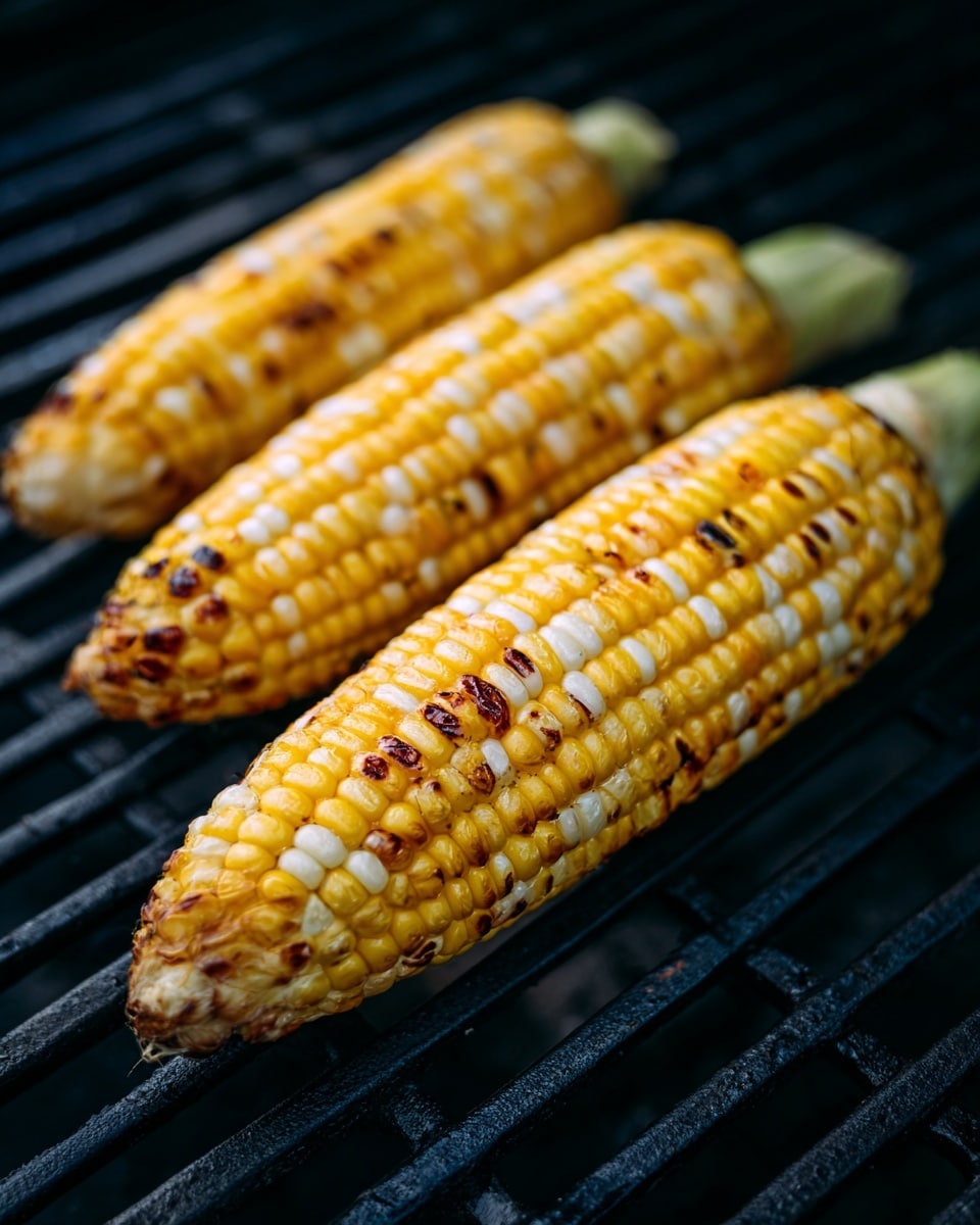 Three ears of corn with yellow and white kernels are placed horizontally on a grill with black metal bars. The ear in the front has visible grill marks and some blackened spots, showing light charring and a slightly burnt texture on the kernels. The two ears behind it are less charred but have a warm yellow color with scattered white kernels, and their ends have pale green husks. The grill is dark, contrasting with the bright corn, and the overall setting appears to be outdoors. The photo taken with an iphone --ar 4:5 --v 7