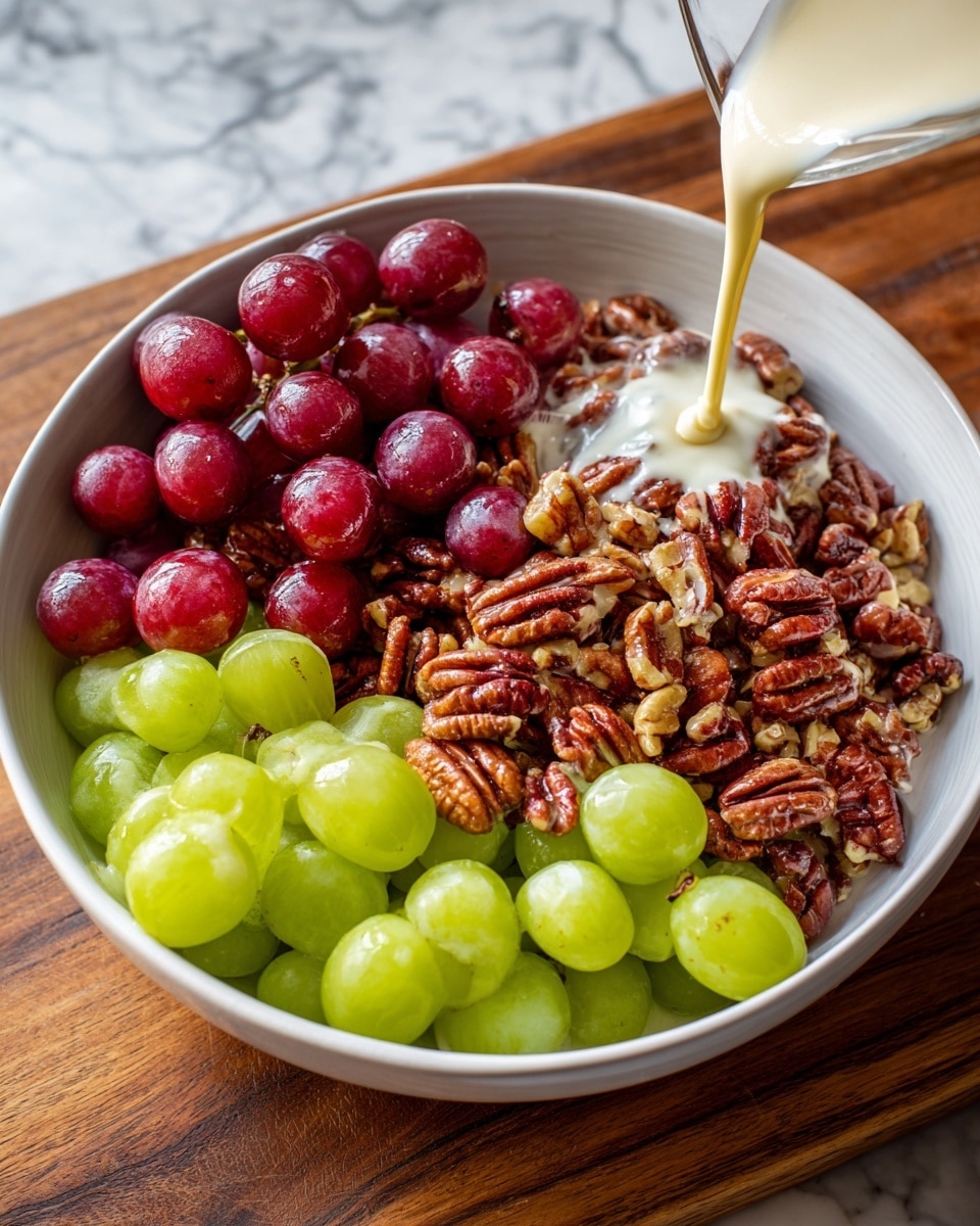 A white bowl filled with three main layers: on the left, shiny red grapes; in the middle, a large pile of chopped brown pecans with creamy white sauce being poured over them; on the right, bright green grapes, some sliced to show juicy insides. The bowl sits on a wooden surface with a white marbled background. Photo taken with an iphone --ar 4:5 --v 7