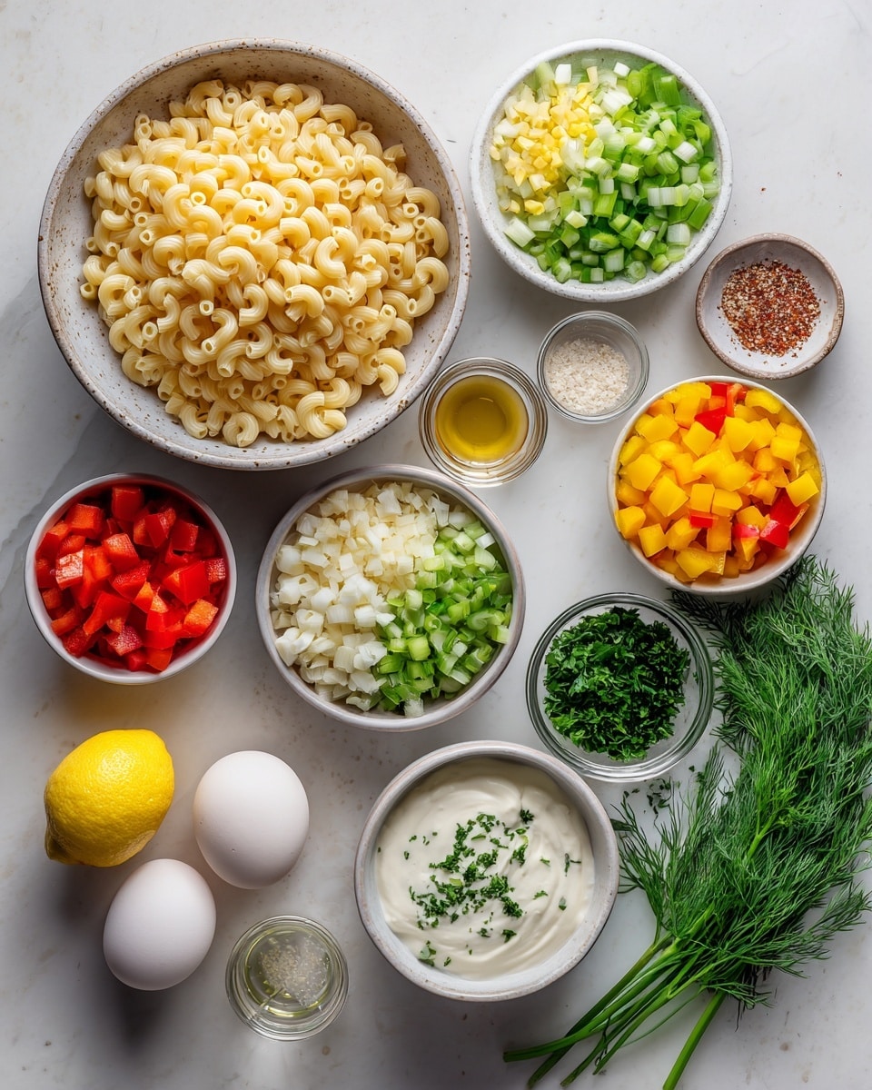 The image shows three stages of a pasta salad in a clear glass bowl on a white marbled surface. In the first stage, the bowl contains several separate layers: small cooked pasta rings in a pale yellow color, chopped hard boiled eggs with white and yellow pieces, diced white onions, diced green celery, finely chopped green herbs, and small diced red, orange, and yellow bell peppers. In the second stage, the ingredients are mixed together with a creamy dressing that coats the pasta and vegetables, topped with a light dusting of reddish spice. The third stage shows the fully combined pasta salad with the dressing evenly mixed, with bits of egg, celery, and bell pepper visible throughout the milky yellow pasta, all inside the clear bowl. Photo taken with an iphone --ar 4:5 --v 7