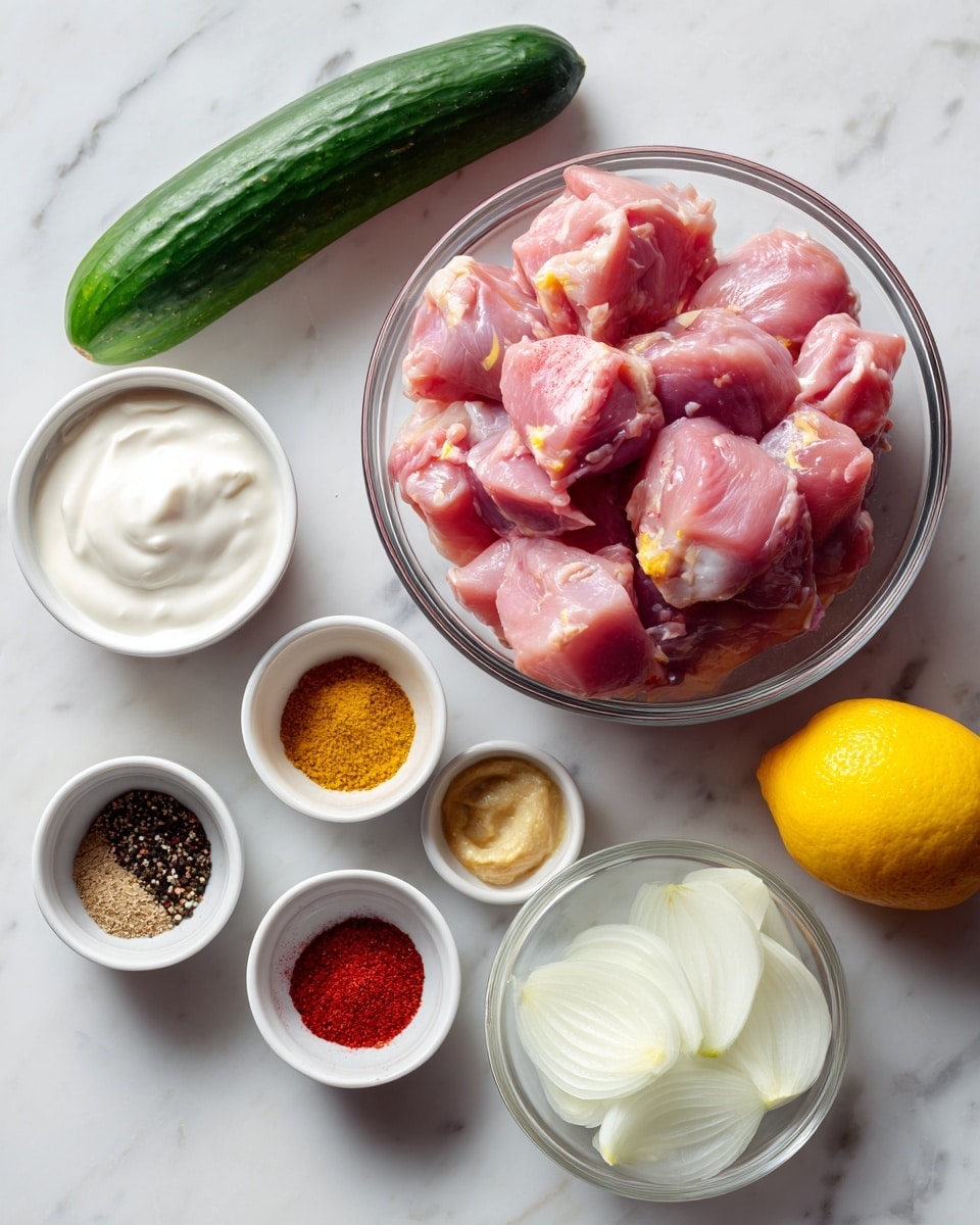 The image shows a clear glass bowl filled with raw pink chicken pieces with some yellow fat on them, placed on a white marbled surface. To the left, there is a whole green cucumber lying next to a white ramekin filled with creamy white yogurt. Below that are two small white bowls each holding different spice mixes with multiple colors like red, yellow, black, and brown, and a small white dish with a yellowish paste. In the bottom right corner, there is a clear glass bowl containing sliced white onions, and next to it, a whole bright yellow lemon is placed. The arrangement is neat and the colors of the ingredients contrast well with the white marbled background. photo taken with an iphone --ar 4:5 --v 7