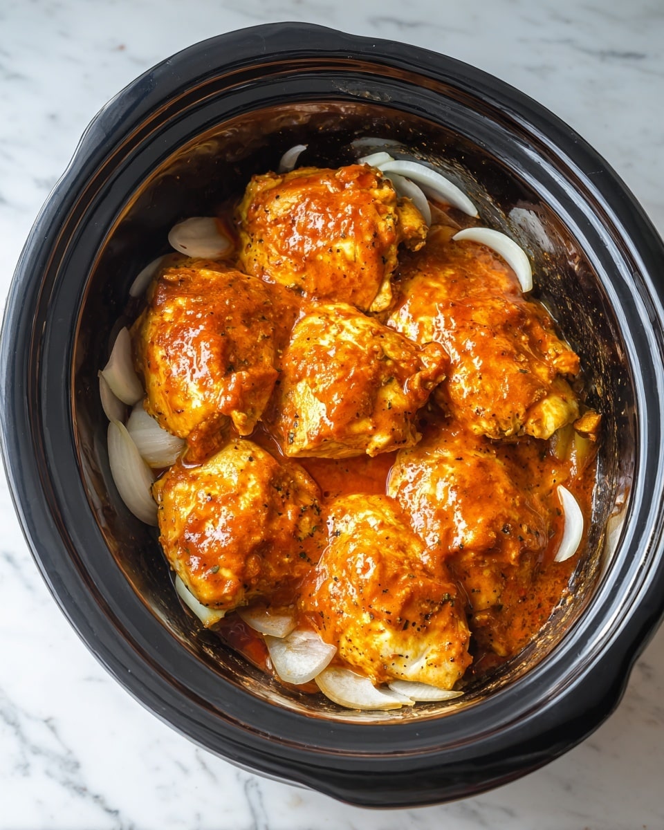 A black slow cooker filled with two layers: the bottom layer has sliced white onions scattered across the base, and the top layer consists of five pieces of chicken coated in a thick, bright orange sauce, resting on the onions. The background is a white marbled surface. Photo taken with an iphone --ar 4:5 --v 7