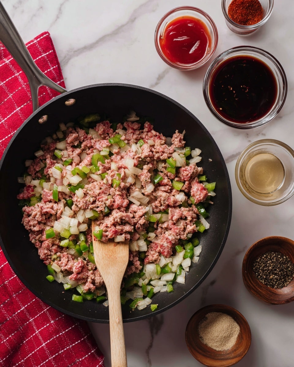 A black frying pan filled with three layers of food: the bottom layer is raw ground meat in pink and brown shades, mixed with chopped white onion pieces and green bell pepper chunks evenly spread out. A wooden spatula with a light brown texture is placed inside the pan, stirring the ingredients. To the right of the pan, there are five small containers placed on a white marbled surface; three glass containers hold red sauce, dark brown sauce, and another darker brown sauce, while two small wooden bowls contain light beige and black spices. A red cloth with a white checkered pattern lies to the left of the pan. Photo taken with an iphone --ar 4:5 --v 7