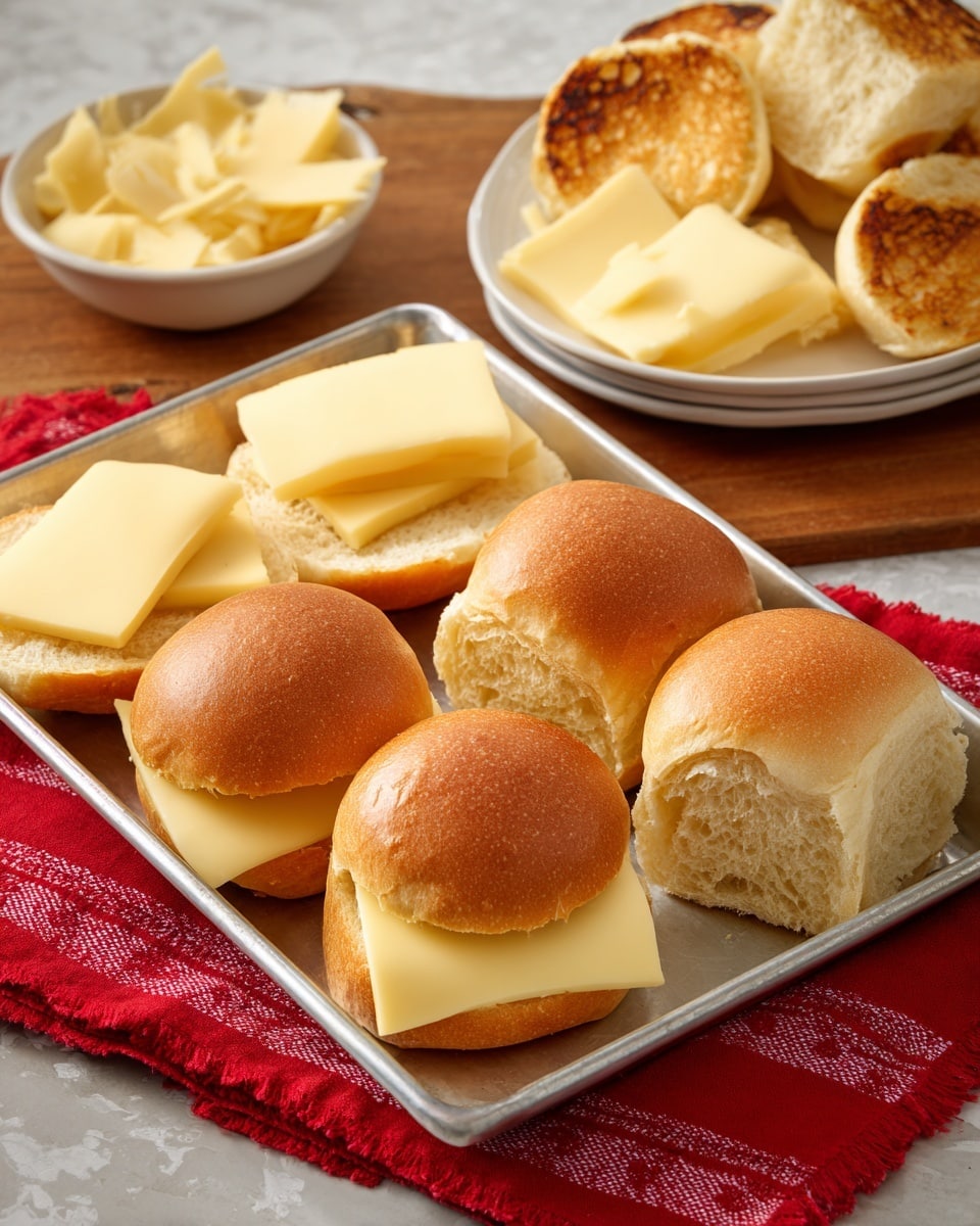 The image shows a metal tray with four sandwich buns arranged in two rows, each bun opened to reveal the inside. The two buns on the left side have thin slices of pale yellow cheese neatly placed on their top halves, which are smooth and slightly glossy. The two buns on the right side have their top halves toasted to a golden-brown color with some darker spots, showing a crunchy texture. In the background to the right, there is a white plate with more toasted buns and a white bowl filled with additional slices of pale yellow cheese. A red cloth with a white cross pattern lies on the wooden table beneath the tray. The surface is a white marbled texture. Photo taken with an iphone --ar 4:5 --v 7