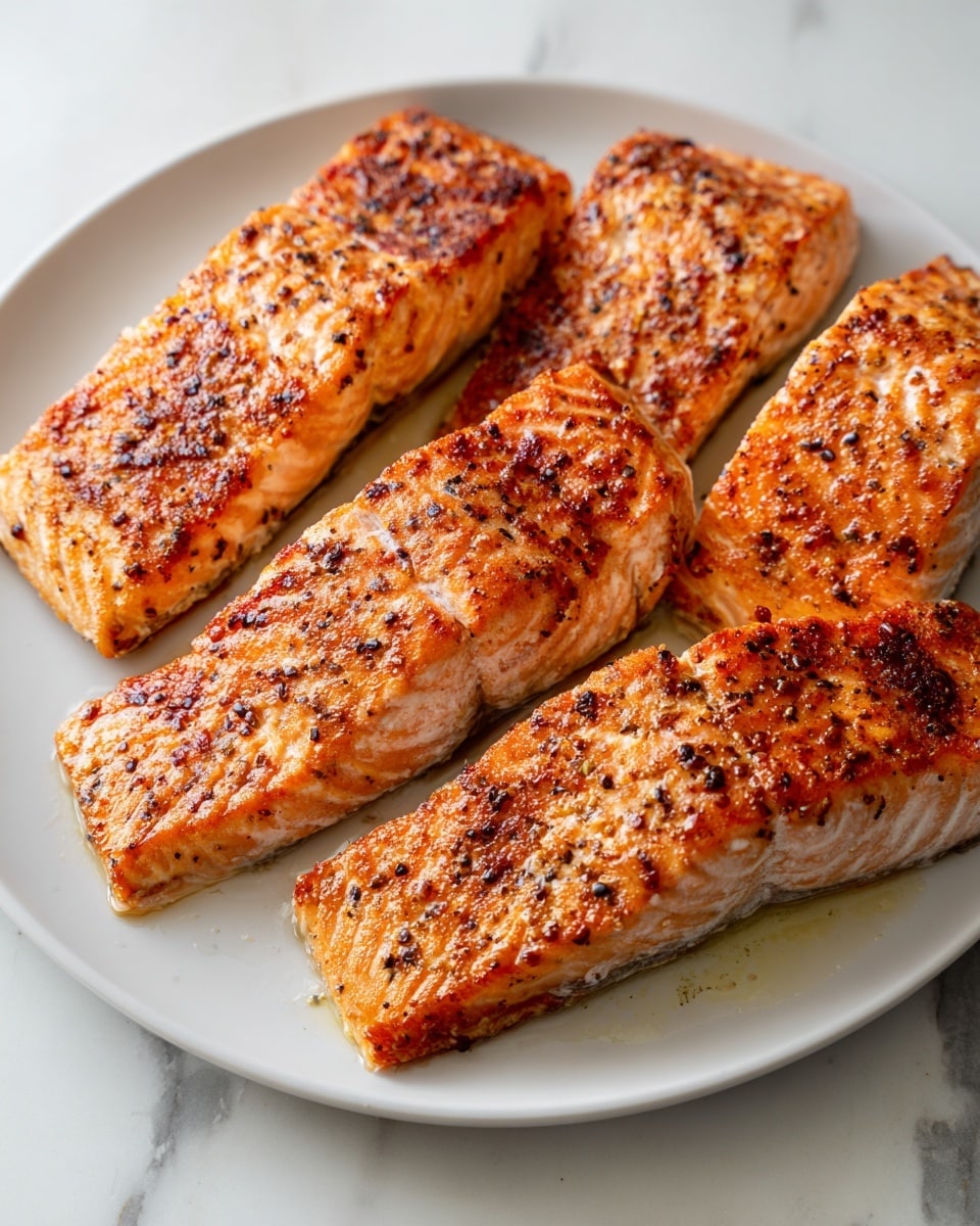 The image shows four pieces of cooked salmon fillets placed closely on a large white plate. Each salmon piece has a crispy golden-brown crust with visible grill marks and seasoning specks scattered across the surface. The texture of the salmon looks slightly flaky with a moist, tender interior, and the edges slightly curved, suggesting freshness. A small pool of light oil or butter is seen under the fillets, adding a slight shine to the bottom part of the plate. The background is a white marbled texture. photo taken with an iphone --ar 4:5 --v 7