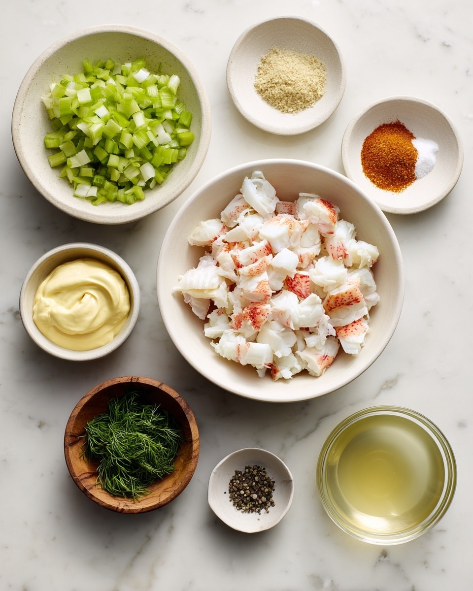 The image shows eight bowls with different ingredients arranged on a white marbled surface. At the center is a white bowl filled with white and pink crab meat pieces. Above this, a white bowl contains chopped light green celery. To its right are three smaller white bowls, holding a fine orange-brown spice, a pale powder, and white salt, respectively. Below the central bowl, a white bowl holds a smooth pale yellow mayonnaise. Next to it is a clear bowl with black pepper, and on the left, a small wooden bowl has finely chopped green dill. Finally, a tiny white bowl holds a clear liquid, likely lemon juice. photo taken with an iphone --ar 4:5 --v 7