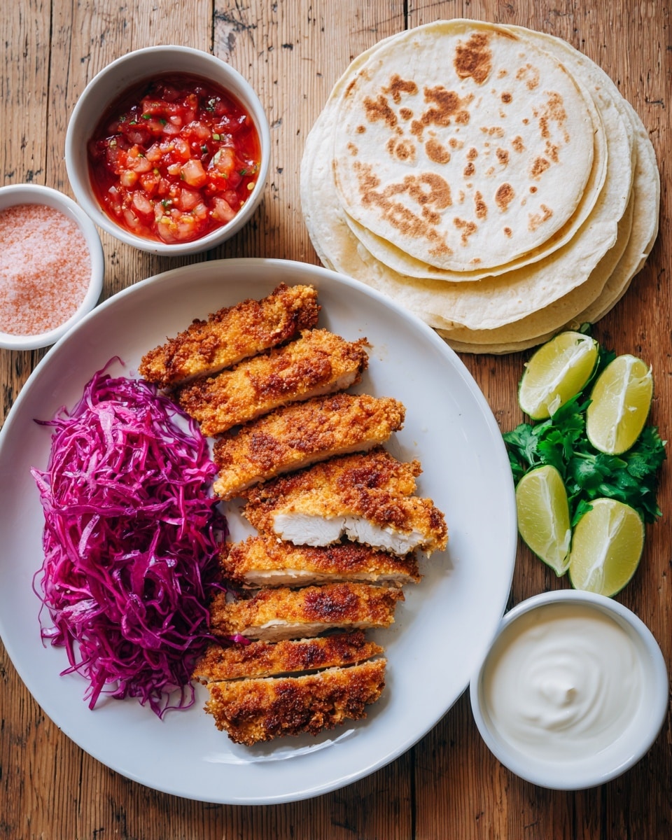 The image shows a white plate at the center with around seven pieces of golden brown crispy fried chicken strips, some sliced to show the white inside. To the right of the plate are four white tortillas stacked neatly, with two lime halves and a small bunch of green cilantro placed near them. Below the plate is a white bowl filled with thin, bright purple shredded cabbage. To the left side, there are three small white bowls; the top one contains chunky red salsa with visible pieces of tomato and pepper, the middle has a fine pink salt, and the bottom one holds a smooth white creamy sauce. The background is a wooden surface with various natural light scratches. photo taken with an iphone --ar 4:5 --v 7