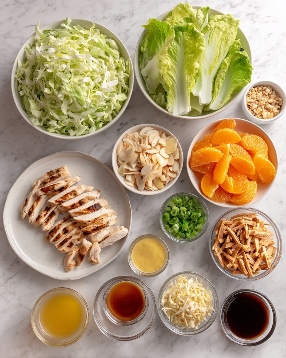 Top view of many small white bowls and plates with fresh salad ingredients placed on a white marbled surface. There are two big white bowls filled with torn pale green lettuce and chopped light green Napa cabbage. A white plate shows grilled sliced chicken with light brown grill marks arranged neatly. A white bowl holds bright orange mandarin slices. Small white and clear bowls contain different toppings such as sliced almonds, shredded carrots, green chopped onions, crunchy brown noodle sticks, minced garlic, and pale toasted sesame seeds. There are also little white bowls with sauces and dressings in light yellow, dark brown, amber, and golden colors. photo taken with an iphone --ar 4:5 --v 7